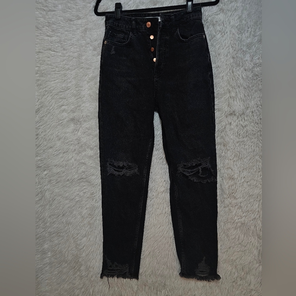 Zara High Rise Black Ripped Jeans